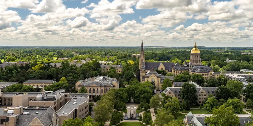 An aerial view of the University of Notre Dame campus shows the Golden Dome and Sacred Heart Basilica surrounded by green trees and academic buildings under a cloudy sky.