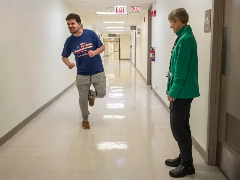 Alec Koujain stands on one foot in the middle of a hallway while Dr. Elizabeth Berry-Kravis studies his movements.