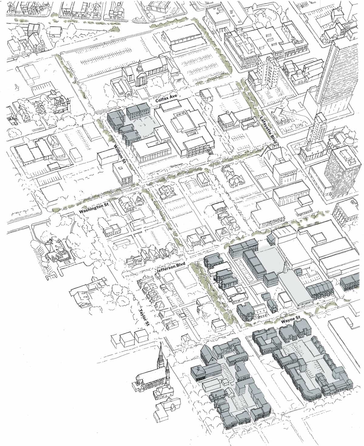 An aerial view drawing of downtown South Bend highlighting three public spaces.