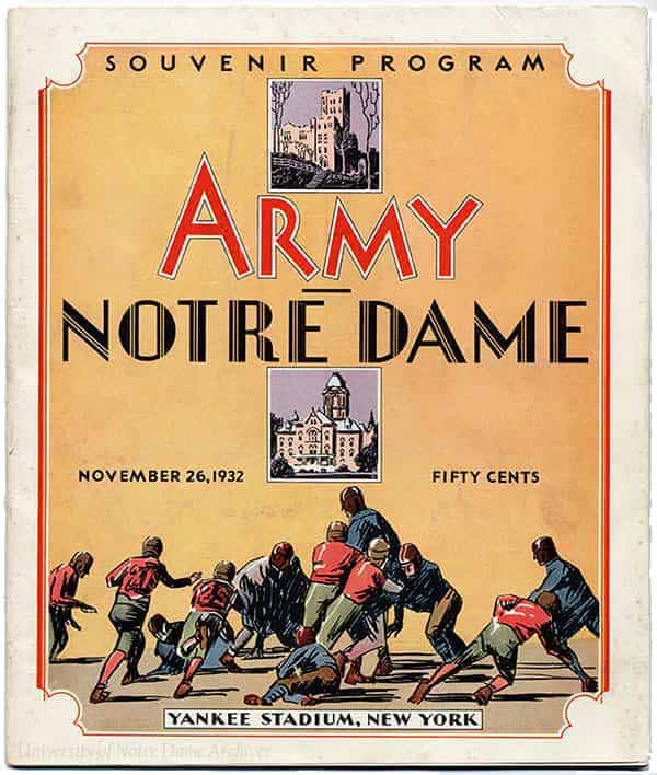 Football program featuring a drawing of a game scene, a building, and Notre Dame's Main Building.