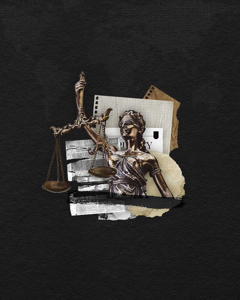 A graphical collage of Lady Justice layered on top of newspaper cuttings and other pieces of paper.