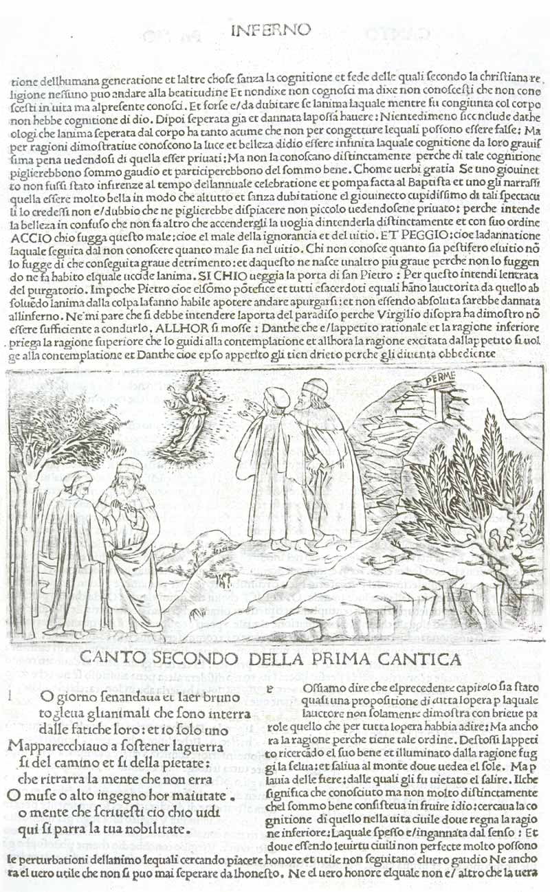 A scan of Dante & Virgil looking at a woman standing next to a hill.
