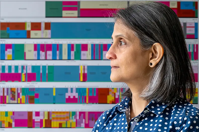 Monisha Ghosh looking left with a spectrum allocation map poster behind her.