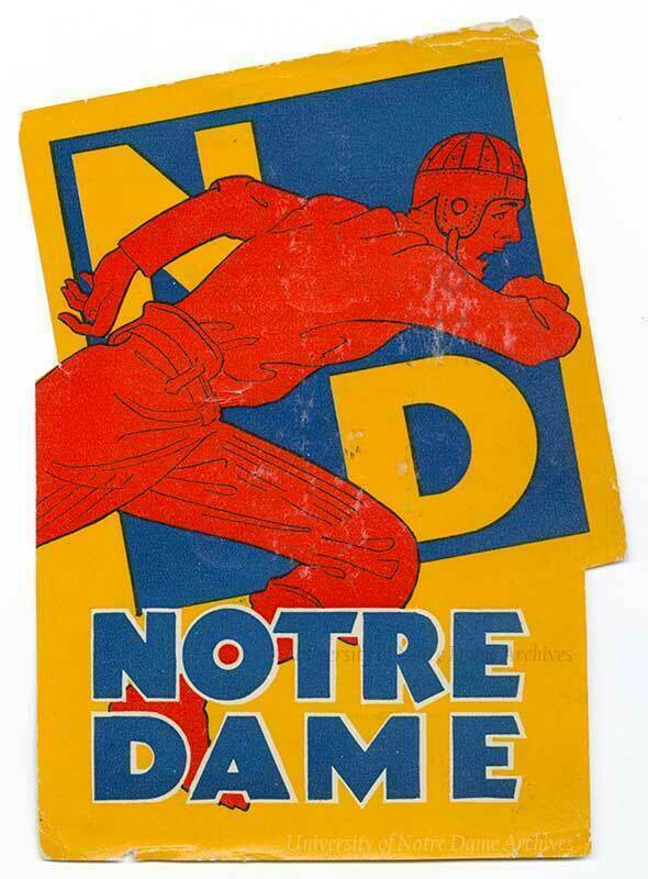 Vintage Notre Dame graphic of a football player in a red uniform and leather helmet running in front of a large, stylized 'ND' on a gold and blue background. Below, 'NOTRE DAME' appears in bold blue letters.