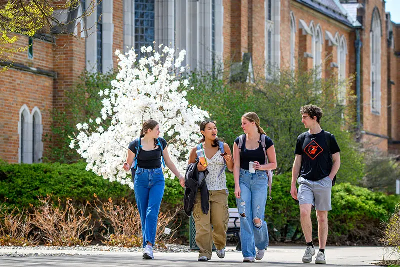 Four students walk and talk together on a paved path outside a brick building at the University of Notre Dame. A white flowering tree stands behind them.