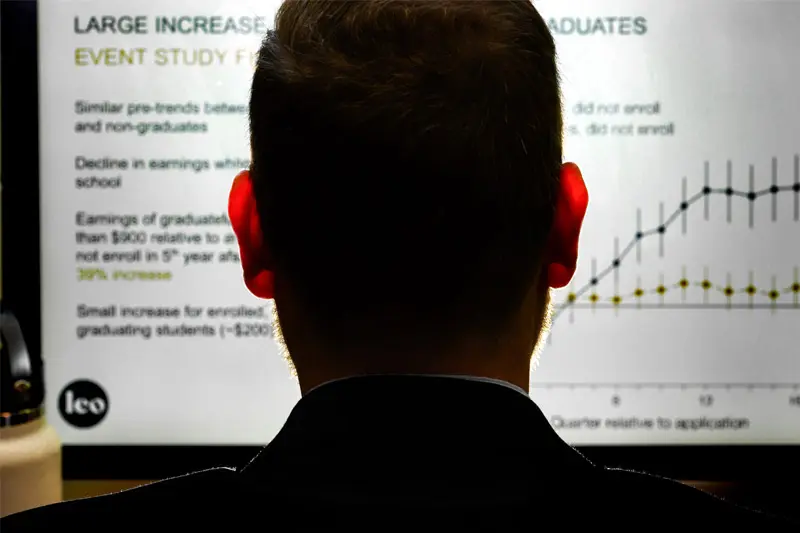 A view from behind Patrick Turner as he views a lit computer screen with graphs and text displayed.