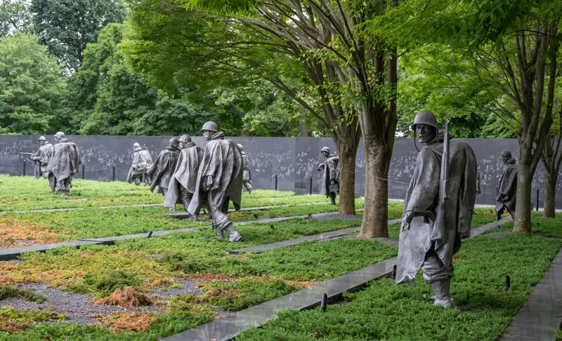 The Korean War memorial, which shows 19 stainless steel statues represent a platoon on patrol.