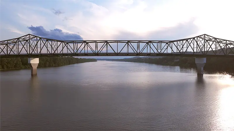 A view of a bridge over a river in Huntington, West Virginia.