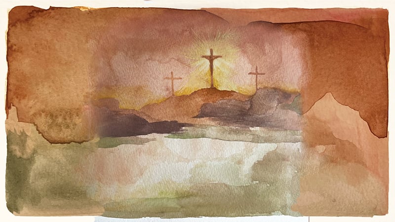 A watercolor scene with the sun shining with 3 crucifixes.