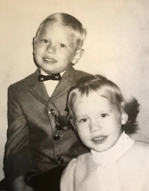 A black and white photo of Bob Dowd and his sister Mary as kids.