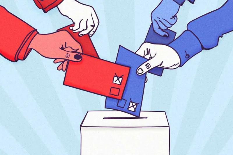 Line art of four hands holding ballots, reaching towards a ballot box.