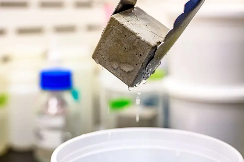 A close up picture of a square piece of cement being placed into a liquid solution.