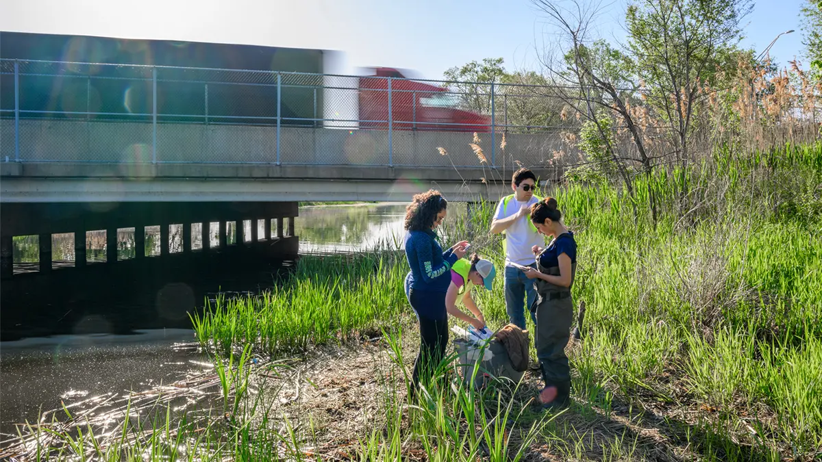 Daniele Miranda and three students stand at the river bank taking samples.