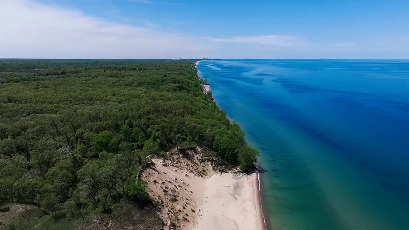 An aerial view of the shores of Lake Michigan showing sand dunes, a forest, and shoreline.