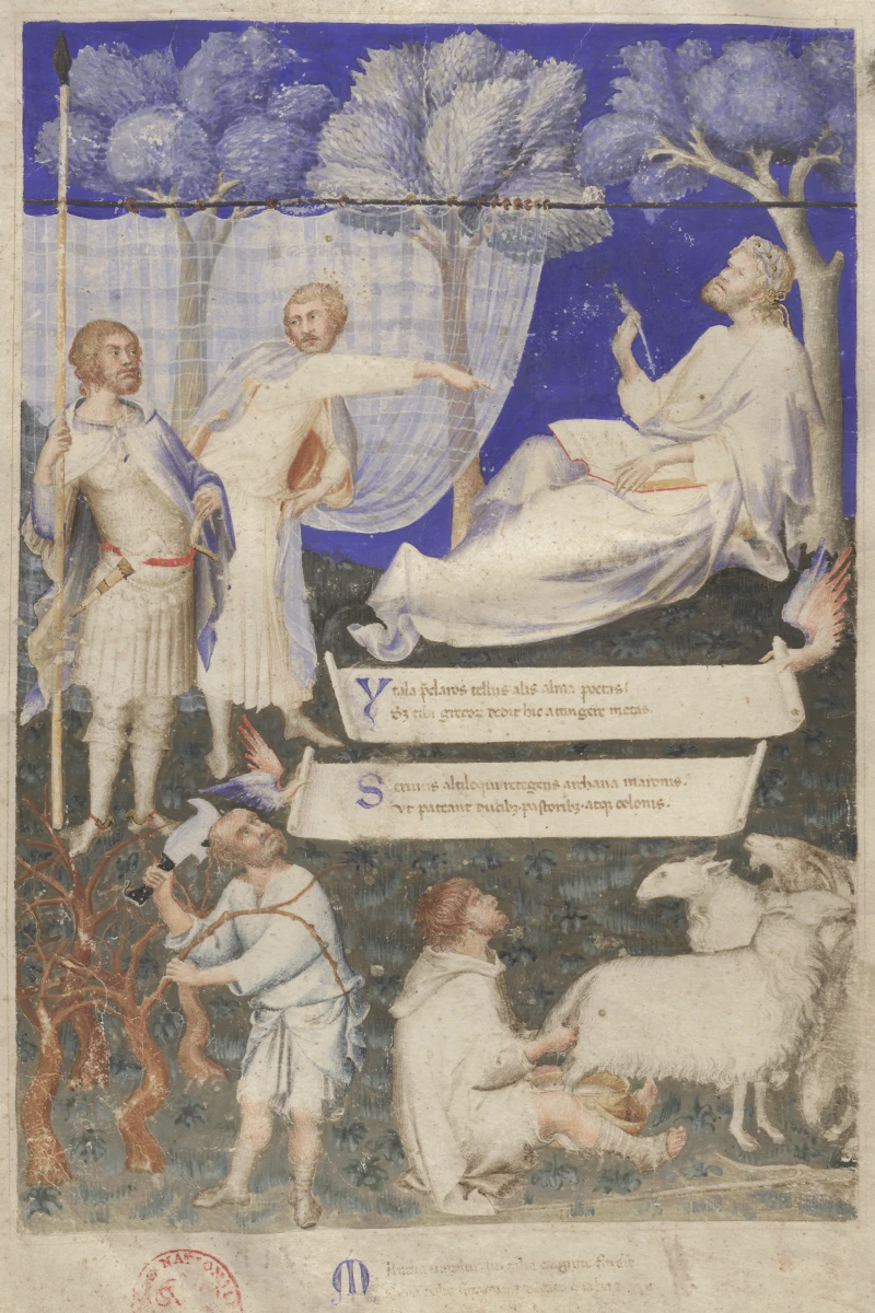 An illuminated manuscript page depicts two distinct scenes. At the top, against a vibrant blue backdrop with stylized trees, a figure reclines beneath a draped canopy, appearing to write in a book. Two other figures stand nearby. Below, against a mottled green ground, another figure chops at a tree while two more interact with a sheep, possibly shearing it. Latin text separates the two scenes on unfurling banners.