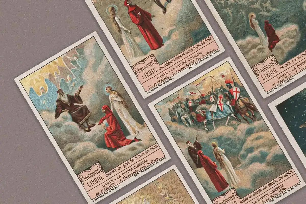 A set of six trading cards with scenes from Dante's 'Paradiso' published by Produits Liebig, circa 1920.