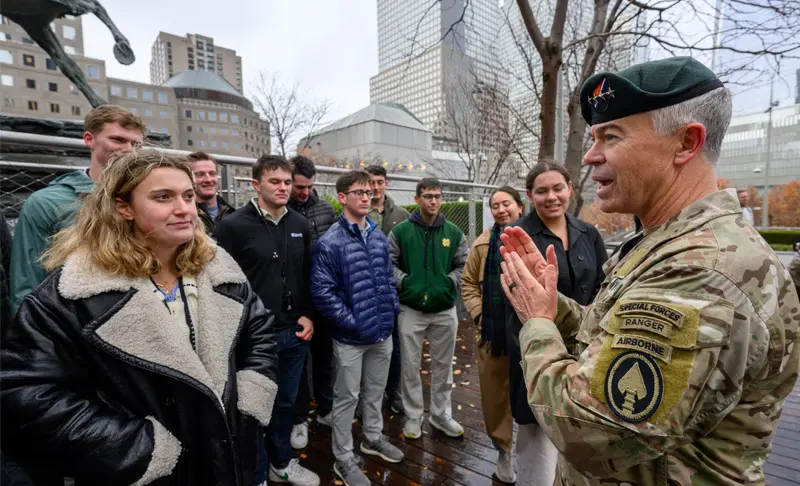 U.S. Army General Bryan Fenton talks to a group of cadets at the nine eleven memorial.