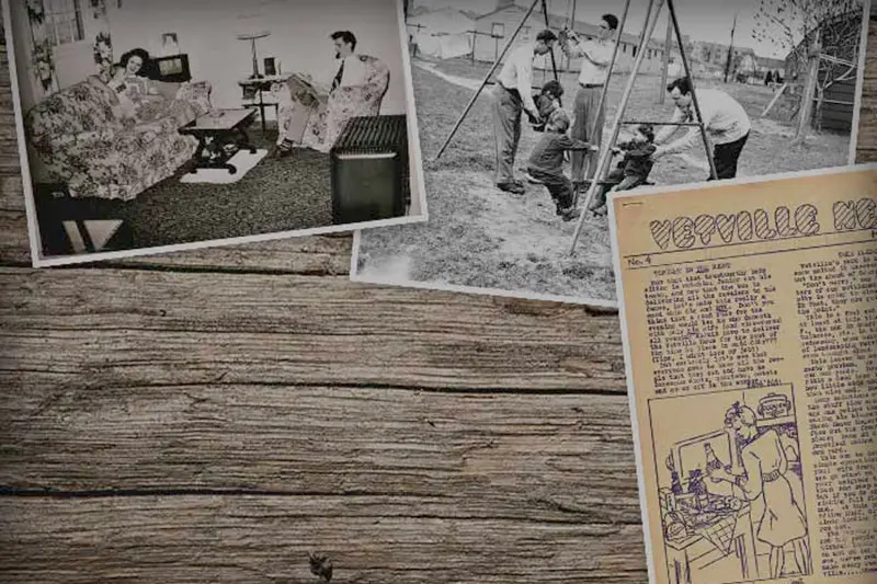 Two black and white photos: one of a white couple sitting in their living room; one of three men and three children playing on a swingset. The third image is of a Vetville newsletter. All three are sitting on a wood desk. 