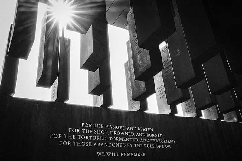 National Memorial for Peace and Justice - slabs hang and the sunshines through.