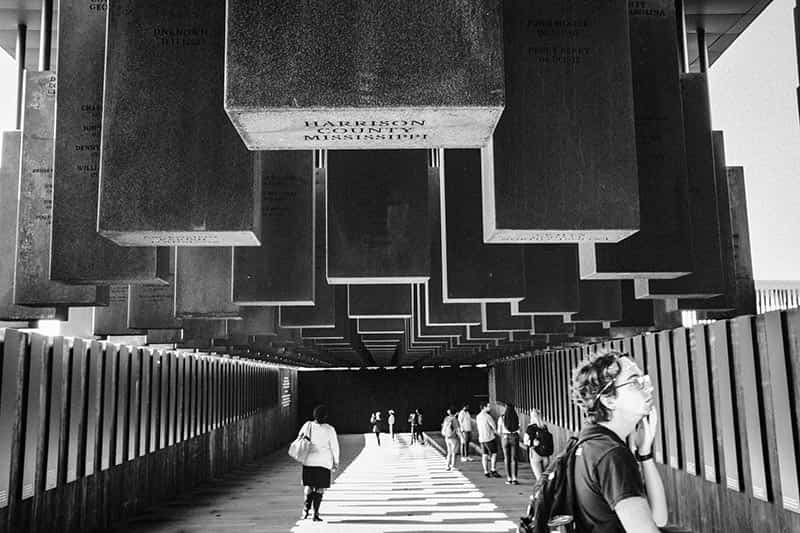 Memorial slabs hanging row upon row.