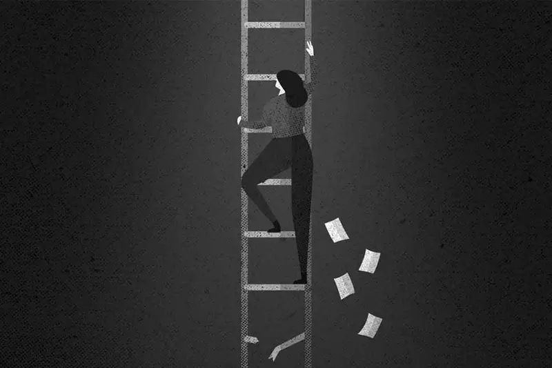 A black and white graphic of a women climbing up a ladder. The bottom few rungs are broken in half.