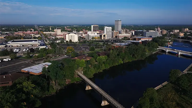 An aerial view of downtown South Bend, Indiana